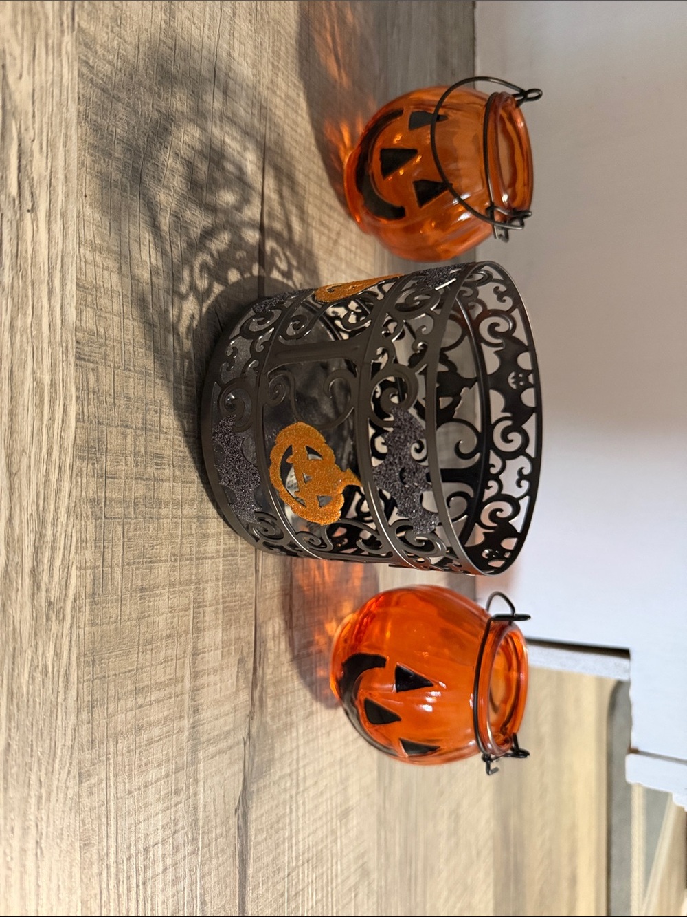 Decorative Halloween Pumpkin Candle Holder Set - Orange and Black